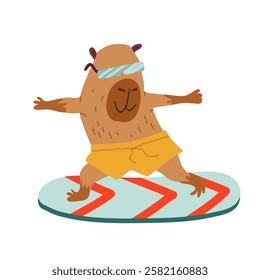 Summer capybara, surfboard. Cute illustration. For print, social media, poster, cover, celebration. Hand drawn Vector illustration.
