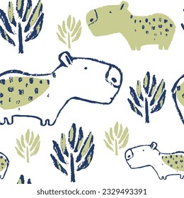 Summer capybara trendy tropical seamless pattern. Hand drawn african print . Beach vacation background design, savannah textile print. Animals exotic wallpaper, baby apparel jungle safari repeat motif