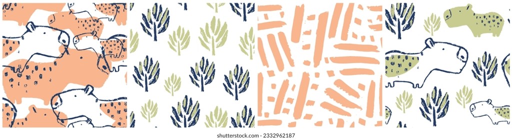 Summer capybara trendy tropical seamless pattern. Hand drawn organic shape abstract set . Beach vacation background design, textile print. Animals exotic wallpaper. Baby apparel jungle safari t-shirt