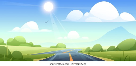 Summer car road landscape. Vector illustration of summer countryside with field, road, mountain, green grass, forest, beautiful sky, bushes. Horizontal highway. Traveling by car. Family trip