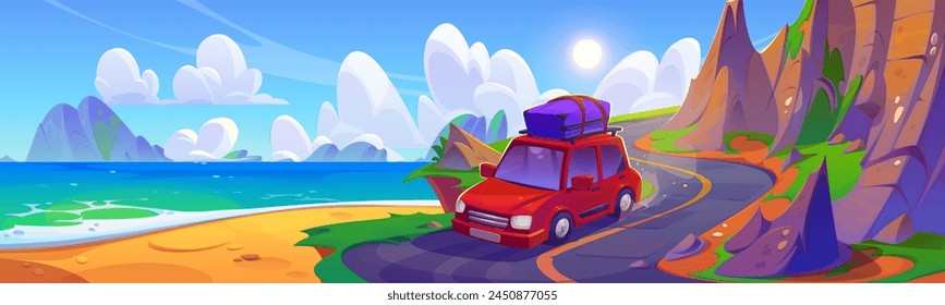 Summer car trip for sea beach vacation travel road. Family drive on ocean holiday with luggage. Coastal ride with mountain view. Go in Europe paradise roadtrip on red vehicle for weekend scenery