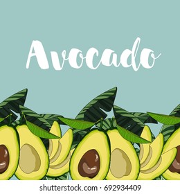 Summer card with avocado and tropical leaves. Vector illustration.