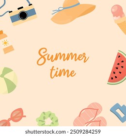 Summer card. Background with hand drawn sunglasses, watermelon, ice cream, hat and  beach accessories. Summer time. Vector template for poster, cover, invitation. Flat style.