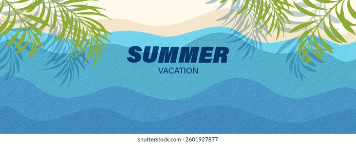 Summer card, banner, cover vector illustration. Sea, ocean waves, beach, sand, palm leaves. Vacation concept. 