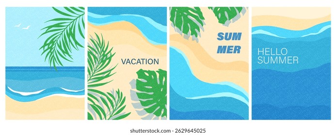 Summer card, banner, cover vector illustration. Sea, ocean waves, beach, sand, palm leaves. Vacation concept. 