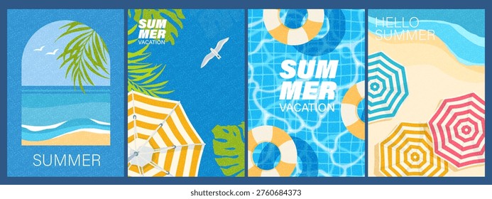 Summer card, banner, cover vector illustration. Sea, ocean waves, beach, sand, palm leaves. Beach resort. Retro style umbrellas. Pool party. Vacation concept. 
