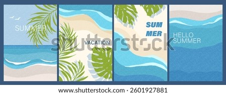 Summer card, banner, cover vector illustration. Sea, ocean waves, beach, sand, palm leaves. Vacation concept. 