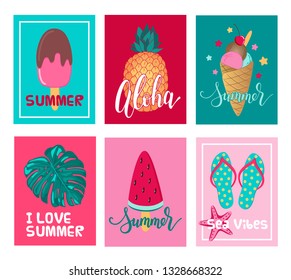 Summer card banner set. Bright collection vector layouts for label, tourism business, advertisement, sign, cover. Season clip art ice cream cone, popsicle, watermelon, flip flops, pineapple, monstera.