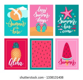 Summer card banner set. Flat design cute vector illustration. Vacation concept. Sea, beach objects with hand lettering. Postcard, label, invitation, sale advertising, flyer layout. Pink, green, red. 