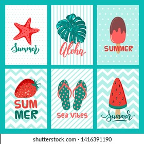 Summer card banner set. Teal and coral color template. Beach objects with lettering. Minimalism design vector illustration. Vacation concept. Postcard, label, invitation, sale ads, badge, tag layout.