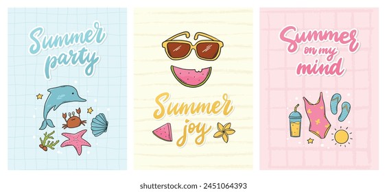 tarjeta de verano, Anuncios, carteles colección decorada con citas y garabatos. EPS 10