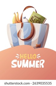 Summer card with beach bag with book, water bottle, bananas. "Hello Summer" handwritten lettering. Vector illustration for card, postcard, poster, banner.