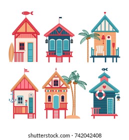 Summer card with beach huts. Vector illustration.