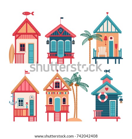Summer card with beach huts. Vector illustration.