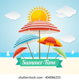 Summer Card with Beach Umbrella. Concept of Holiday by Sea. Vector illustration