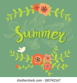 summer card with bird and flowers