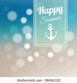 Summer card with blurred beach background and bokeh lights, vector illustration
