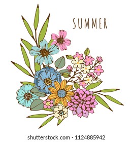 Summer card. Bouquet. Flowers, leaves. Hand drawn isolated on white background