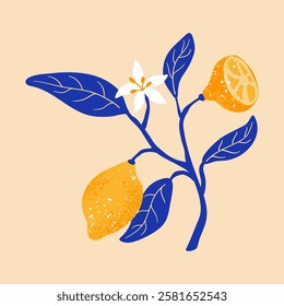 Summer card with branch flowering lemons and leaves. Greek citrus Illustration. Vector design for card, t shirt, decor. 