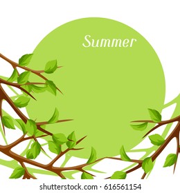 Summer card with branches of tree and green leaves. Seasonal illustration.