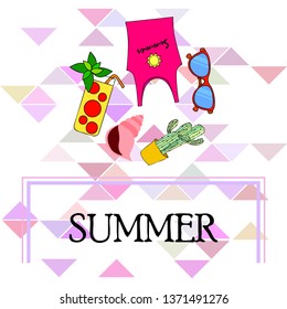 Summer card with cactus, sunglasses, seashell, cocktail, T-shirt. Vector background.
