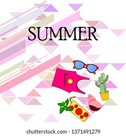 Summer card with cactus, sunglasses, seashell, cocktail, T-shirt. Vector background.