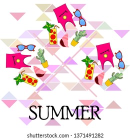 Summer card with cactus, sunglasses, seashell, cocktail, T-shirt. Vector background.