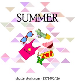 Summer card with cactus, sunglasses, seashell, cocktail, T-shirt. Vector background.