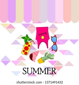 Summer card with cactus, sunglasses, seashell, cocktail, T-shirt. Vector background.