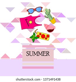 Summer card with cactus, sunglasses, seashell, cocktail, T-shirt. Vector background.
