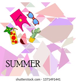 Summer card with cactus, sunglasses, seashell, cocktail, T-shirt. Vector background.
