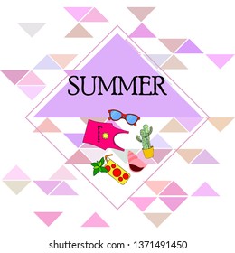 Summer card with cactus, sunglasses, seashell, cocktail, T-shirt. Vector background.
