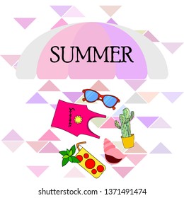 Summer card with cactus, sunglasses, seashell, cocktail, T-shirt. Vector background.