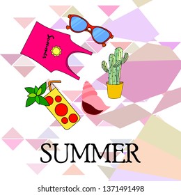 Summer card with cactus, sunglasses, seashell, cocktail, T-shirt. Vector background.