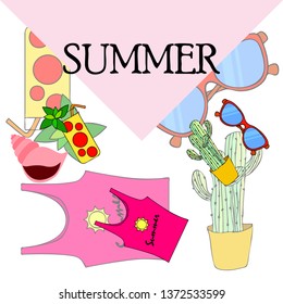 Summer card with cactus, sunglasses, seashell, cocktail, T-shirt. Vector background.