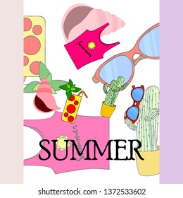 Summer card with cactus, sunglasses, seashell, cocktail, T-shirt. Vector background.