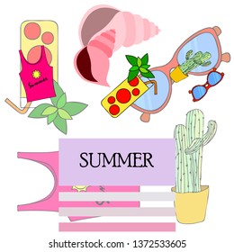 Summer card with cactus, sunglasses, seashell, cocktail, T-shirt. Vector background.