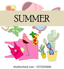 Summer card with cactus, sunglasses, seashell, cocktail, T-shirt. Vector background.