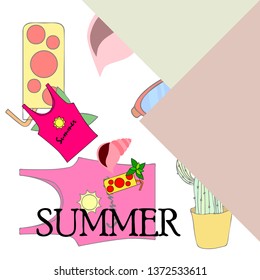 Summer card with cactus, sunglasses, seashell, cocktail, T-shirt. Vector background.