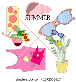 Summer card with cactus, sunglasses, seashell, cocktail, T-shirt. Vector background.
