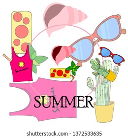 Summer card with cactus, sunglasses, seashell, cocktail, T-shirt. Vector background.