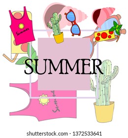 Summer card with cactus, sunglasses, seashell, cocktail, T-shirt. Vector background.