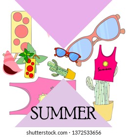 Summer card with cactus, sunglasses, seashell, cocktail, T-shirt. Vector background.