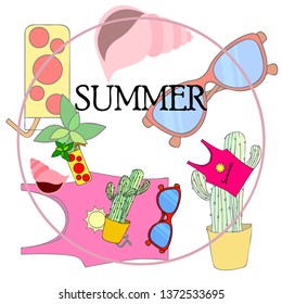 Summer card with cactus, sunglasses, seashell, cocktail, T-shirt. Vector background.