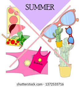 Summer card with cactus, sunglasses, seashell, cocktail, T-shirt. Vector background.