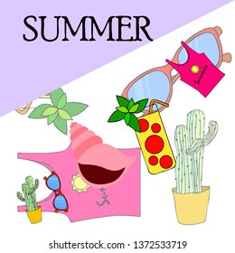 Summer card with cactus, sunglasses, seashell, cocktail, T-shirt. Vector background.