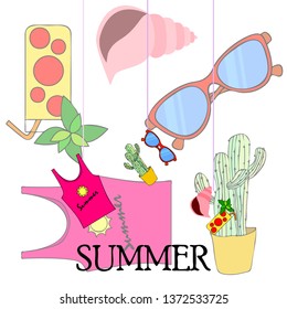 Summer card with cactus, sunglasses, seashell, cocktail, T-shirt. Vector background.