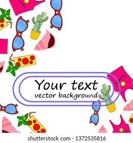 Summer card with cactus, sunglasses, seashell, cocktail, T-shirt. Vector background.