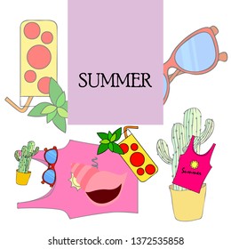 Summer card with cactus, sunglasses, seashell, cocktail, T-shirt. Vector background.