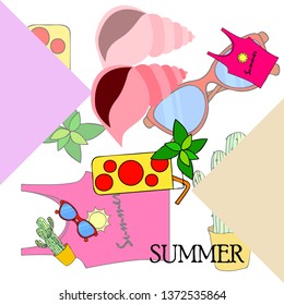 Summer card with cactus, sunglasses, seashell, cocktail, T-shirt. Vector background.